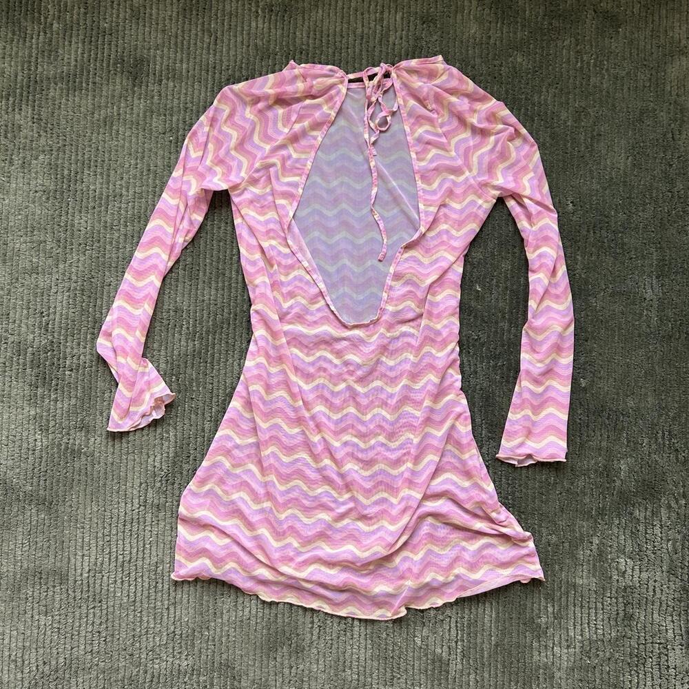 Women’s Pink & White Zigzag Mesh Dress — Size S | 70s Groovy Backless